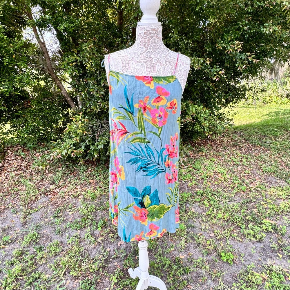 Billabong Night Twist‎ Mini Dress Tropical Floral Teal Surfer Girl Loose Size L